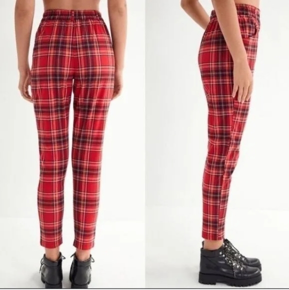 Urban Outfitters Cece High Waisted Red Plaid Pants Pockets Holiday Christmas - Picture 1 of 6